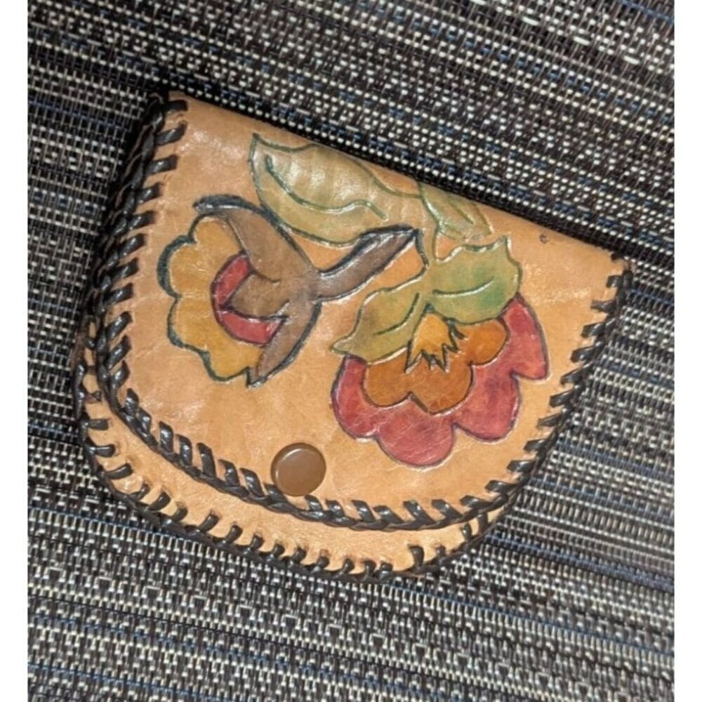 Mini Leather Coin Purse 3" Pouch Vintage Floral Hand-Tooled/Snap Close 4in